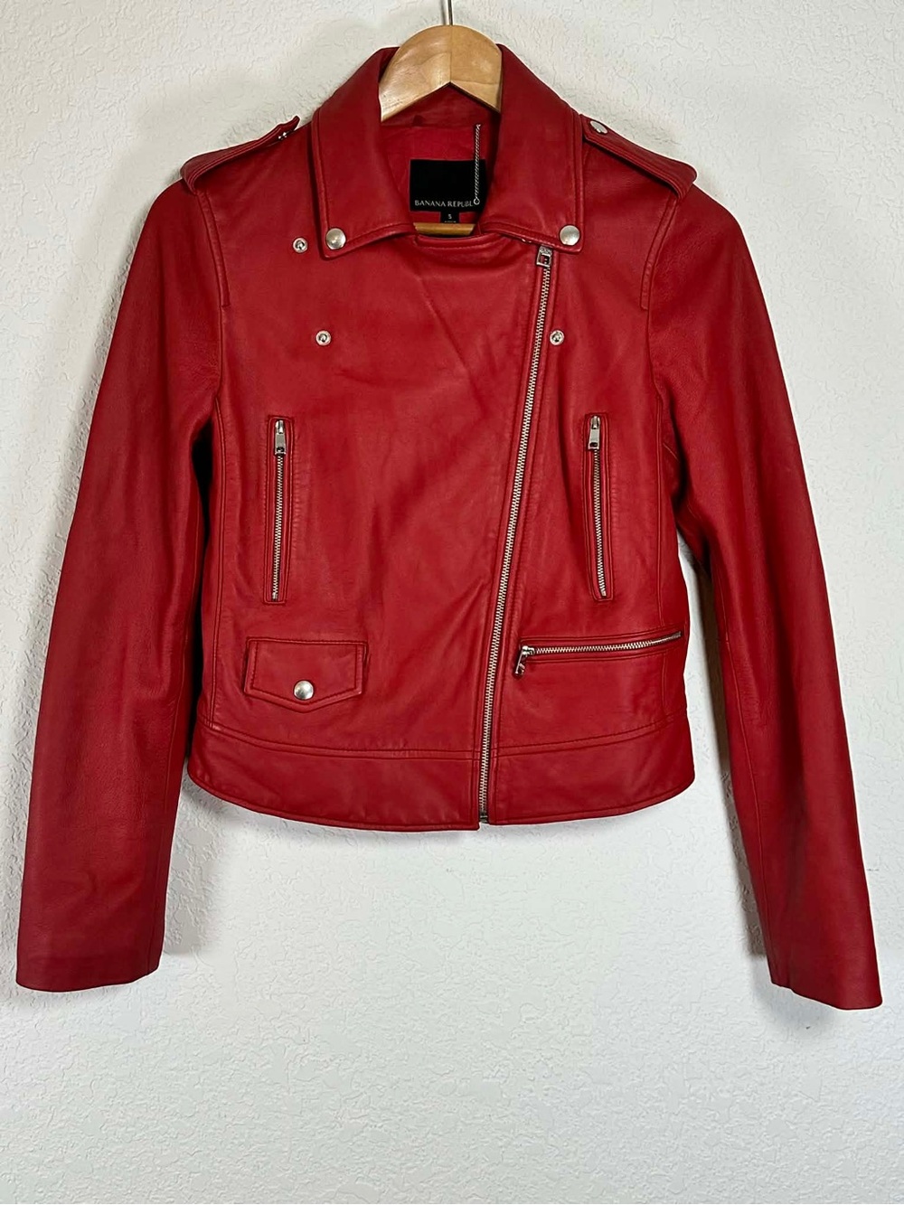 Banana Republic Red Leather Asymmetrical Moto Jacket